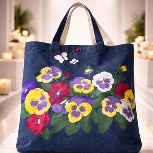 Liz Lauter Original Pansies Garden Print Denim tote bag, vintage made in usa